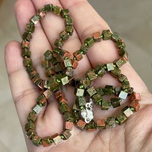 High quality genuine unakite cubic 4mm bead solid sterling silver necklace